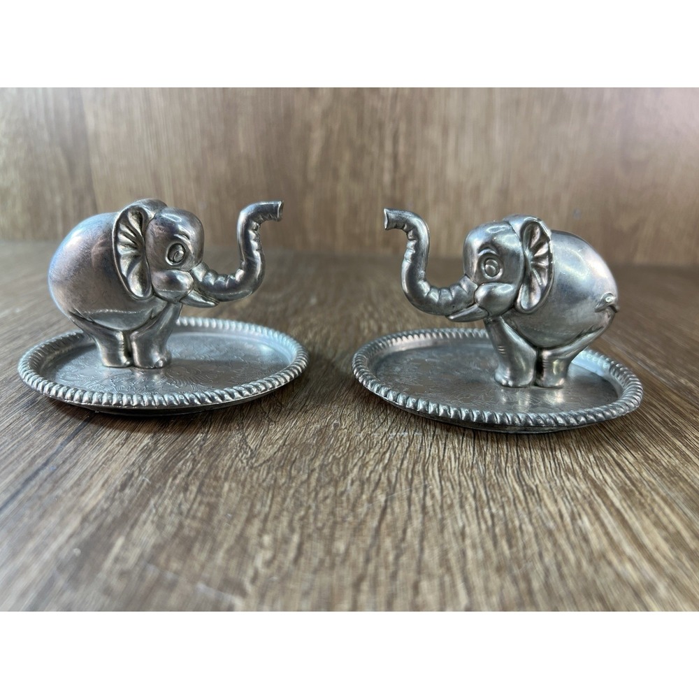 Vintage Silver Tone Elephant Ring Holder Set of 2 Trunk Up Etched Trinket Dish